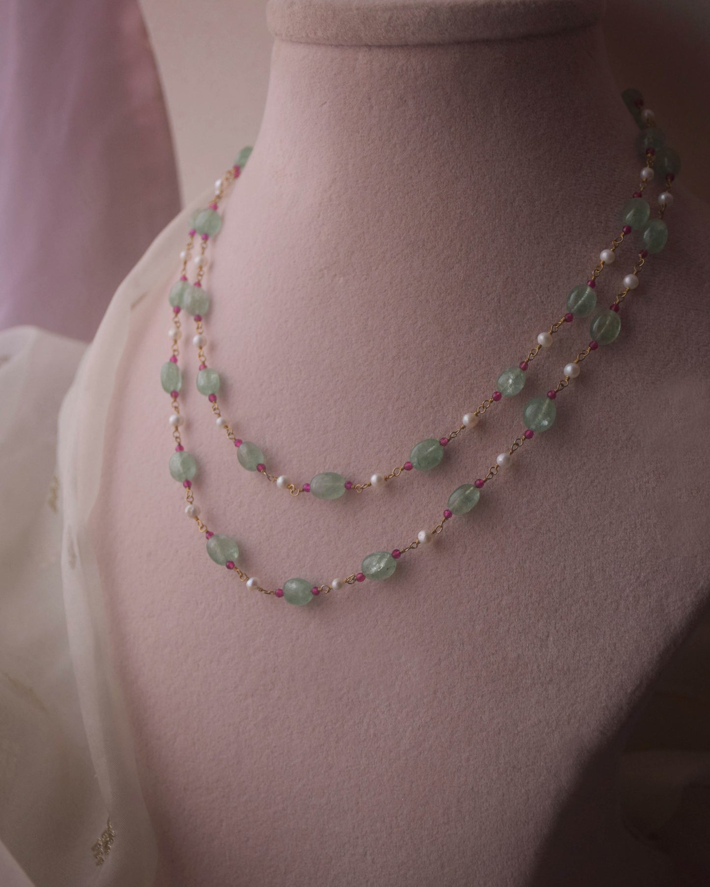 Avantika Mala crafted in 925 sterling silver, featuring two elegant strands of natural green Aventurine beads paired with lustrous freshwater pearls.