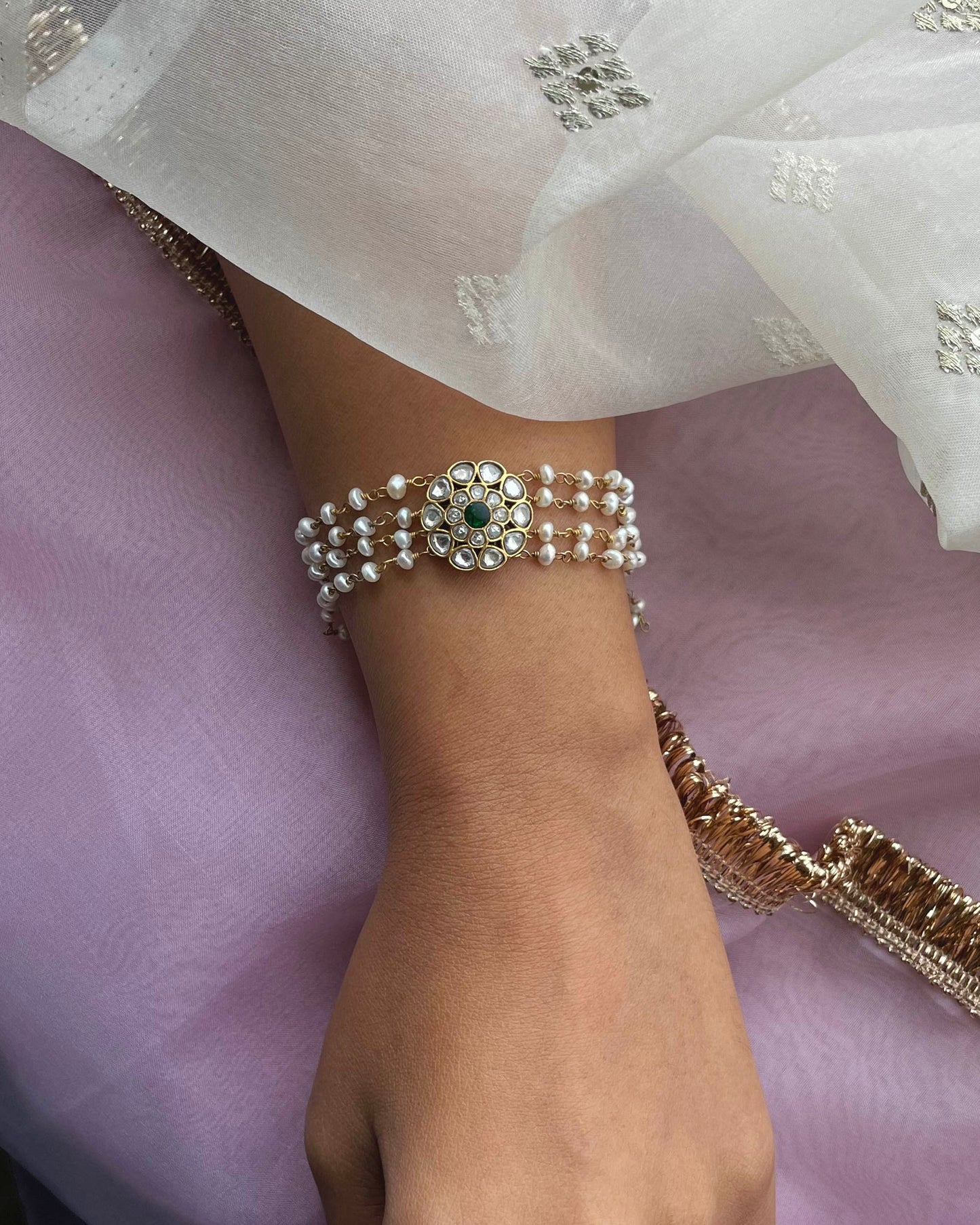 Chakri Bracelet crafted in 92.5 silver with a radiant gold plating, featuring a central floral round motif inspired by royal Indian design.