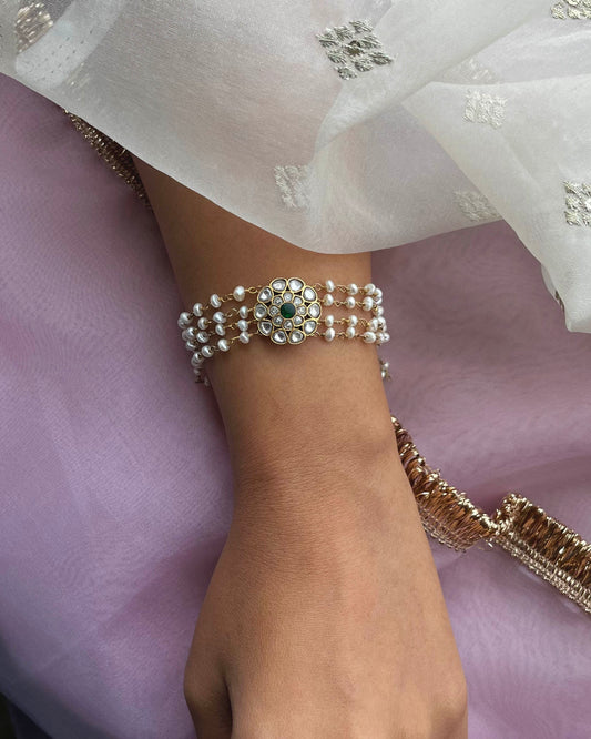Chakri Bracelet crafted in 92.5 silver with a radiant gold plating, featuring a central floral round motif inspired by royal Indian design.