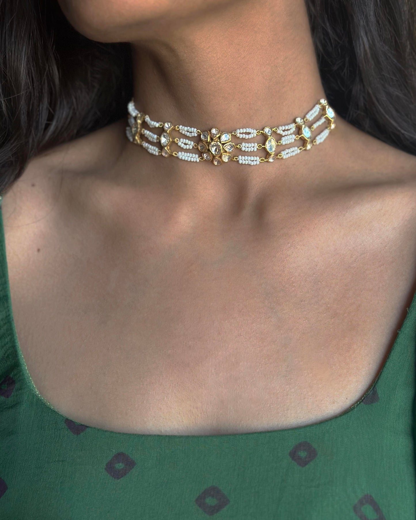 Gold-plated 925 sterling silver choker with moissanite stones and delicate pearl accents, minimal and timeless design