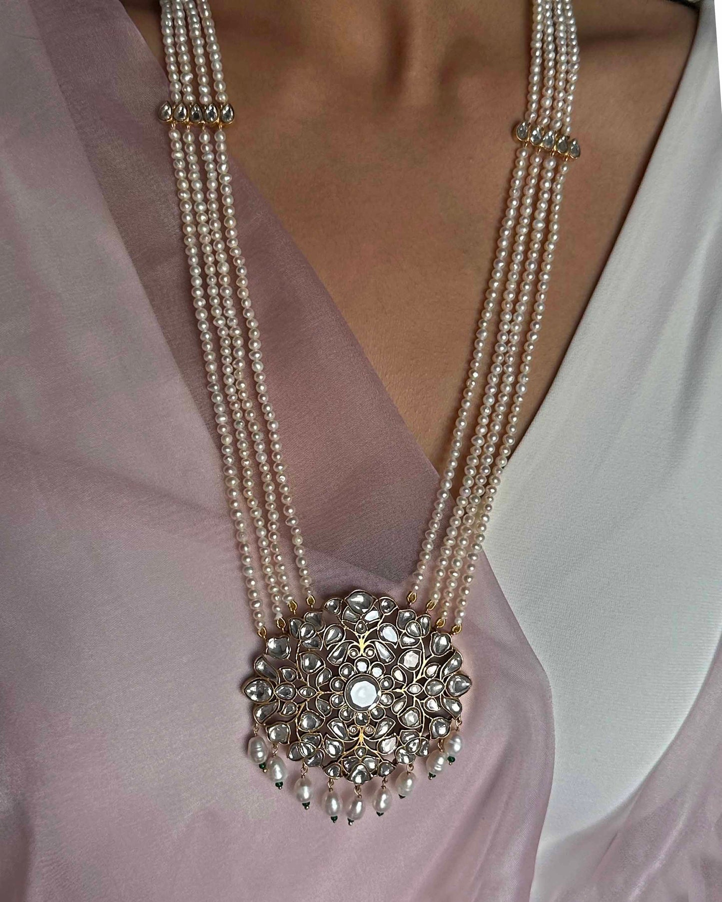 Nuvi Jewels Gulnaar long necklace in 925 sterling silver with gold plating, floral jadau pendant and freshwater pearls