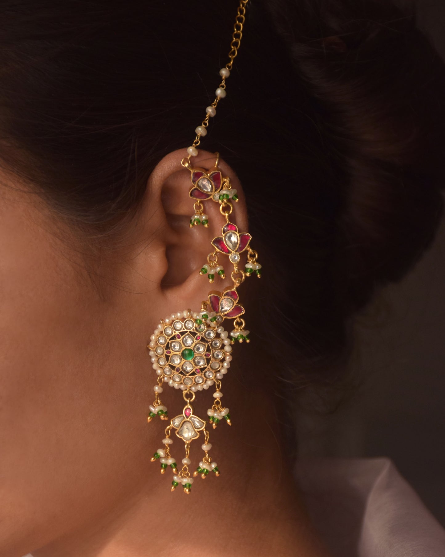 Festive Indian ear chain jewelry with pink meena detailing and gold-polish silver finish | NUVI JEWELS