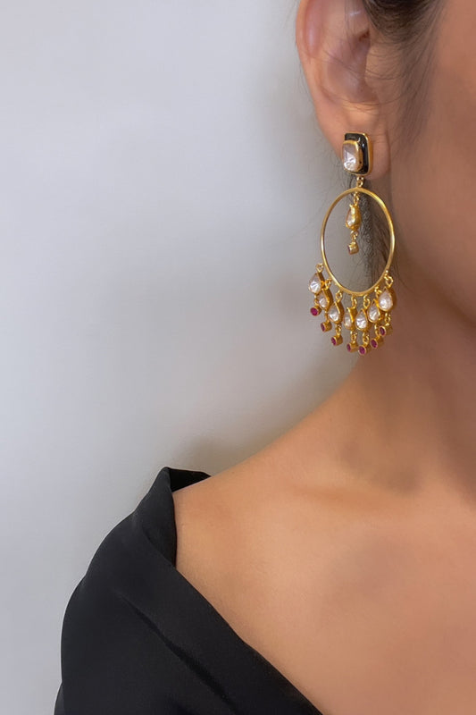 Handcrafted chaandbali earrings in 92.5 sterling silver, featuring radiant white Polki stones with striking black meena and pink AD stone accents.