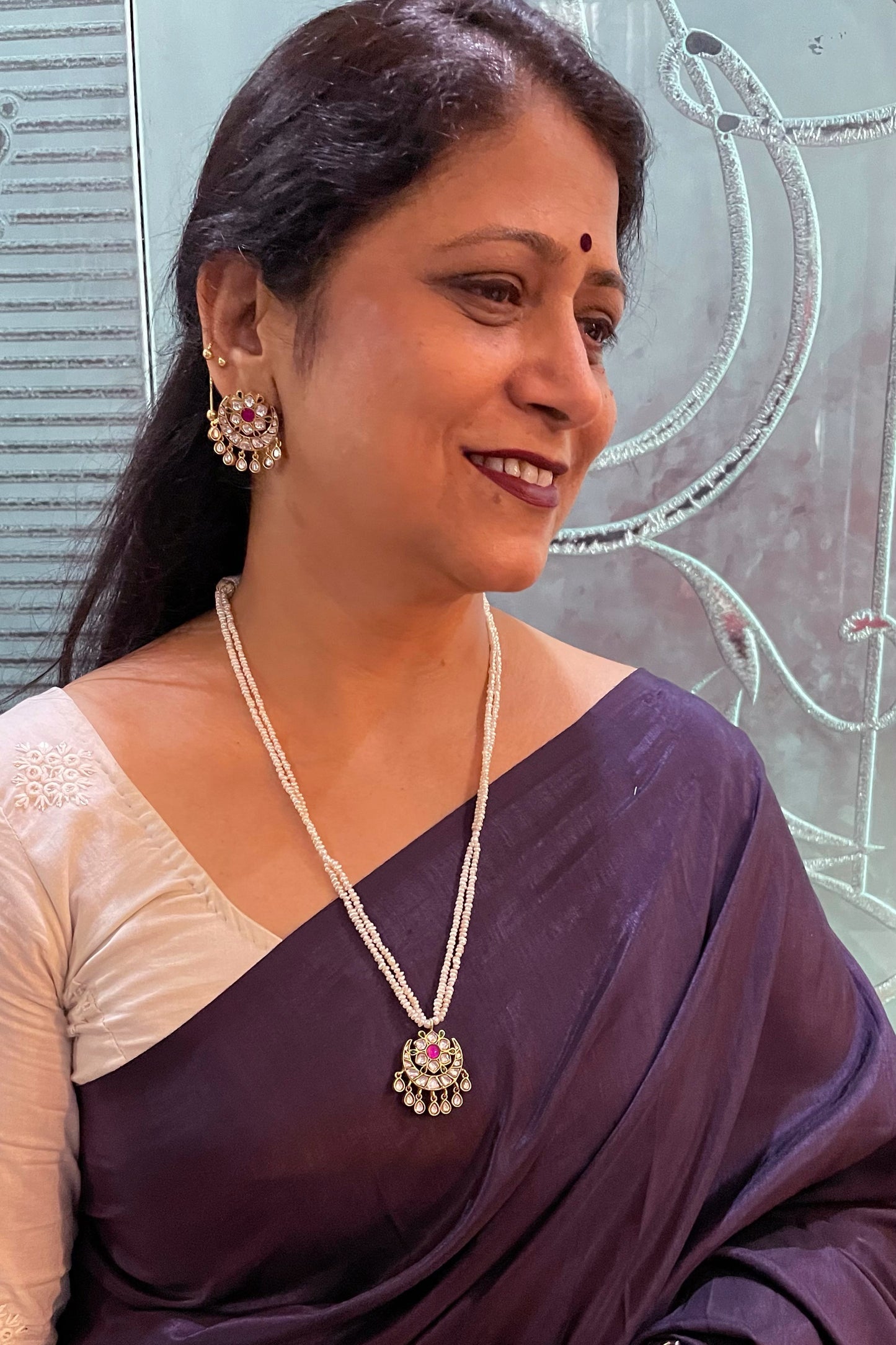 Classic Chand Phool Necklace pendant, gold-plated sterling silver with handcrafted Jadau unit and pearl detailing for festive occasions