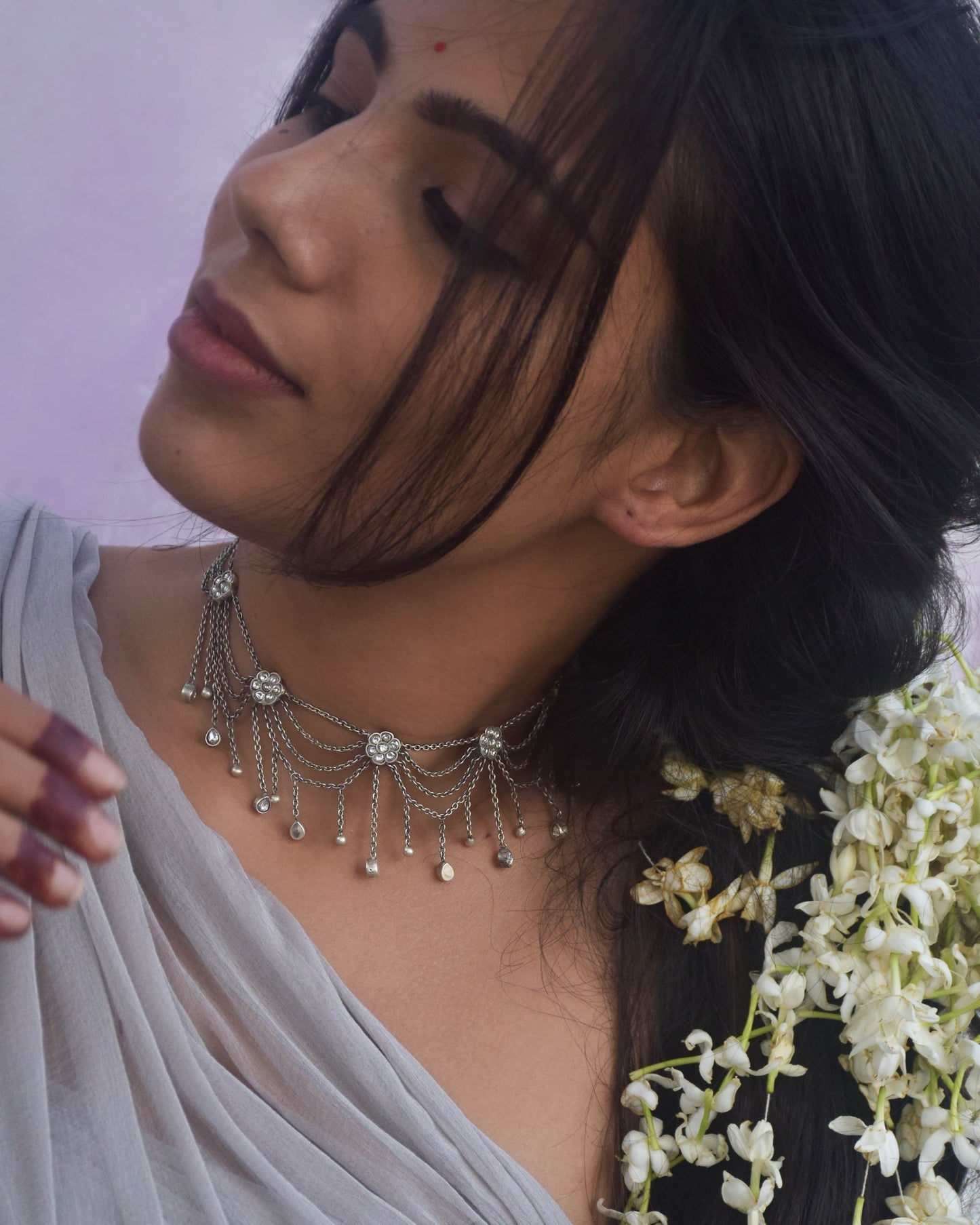 Handcrafted Nuvi Jewels Shakuntala Necklace in 92.5 silver featuring multiple cascading chains for choker-style elegance