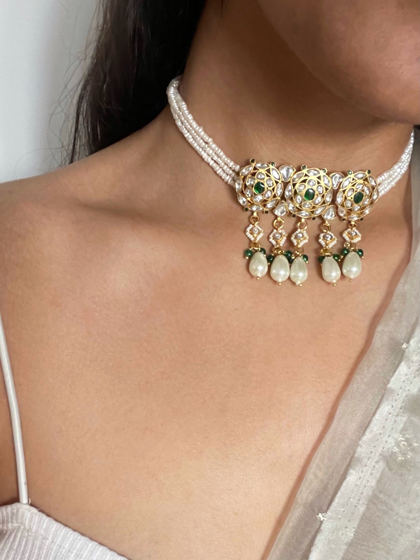 Handcrafted Shyama Choker in 925 silver with pearls, adorned with Jadau stones, green aventurine beads, and pearl tassels, perfect for festive occasions.