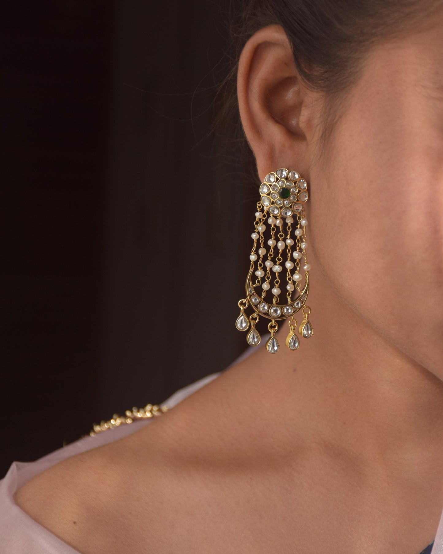 Traditional Indian Pasa earrings by Nuvi Jewels crafted in 925 sterling silver with freshwater pearls