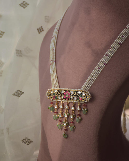 Rajlakshmi Jaisalmeri Necklace handcrafted in 925 silver, featuring a bold rectangular design with intricate Jadau stonework, accented by hanging drops with aventurine beads and pearls.