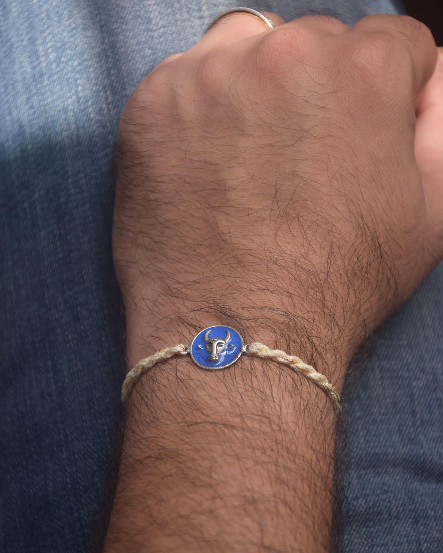 Nandi Blue Enamel Silver Rakhi – Designer Chandi Rakhi for Brother NUVI JEWELS