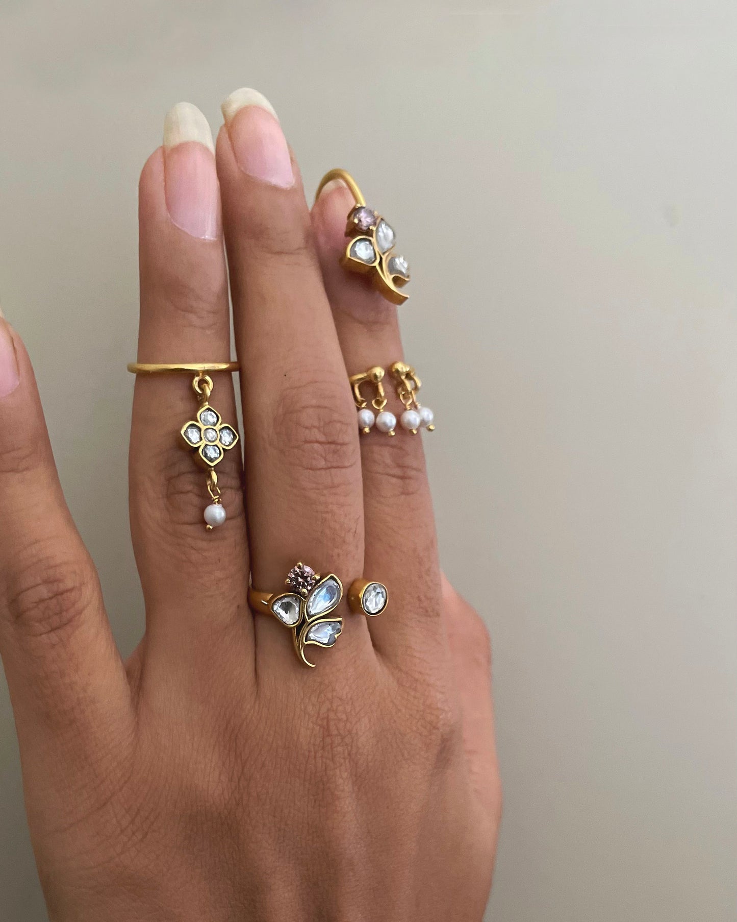 Nuvi Jewels Mehakti Ring in 92.5 silver featuring adjustable floral design with jadau stone accents