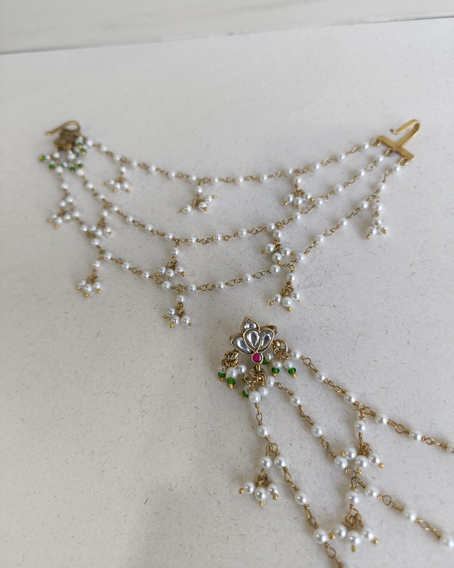 Nuvi Jewels designer Mithali Sahara Earrings in 925 silver gold plated with versatile three-layer kaanchain and freshwater pearls