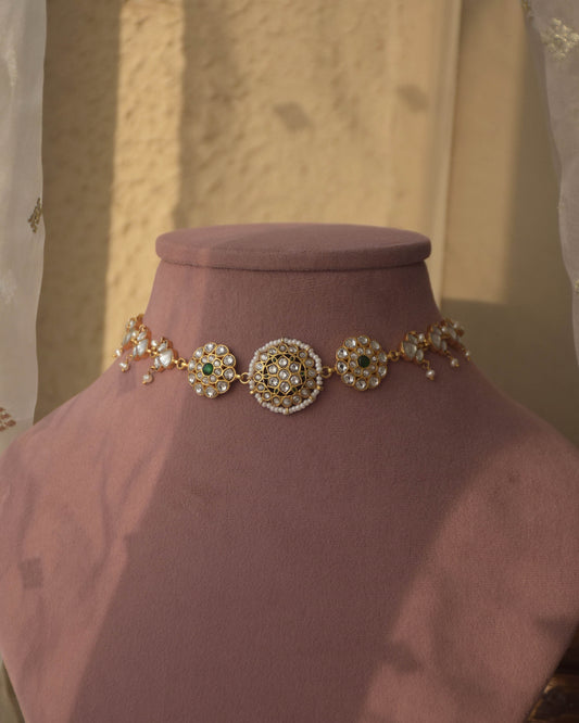 Kuhu Choker crafted in 92.5 sterling silver, featuring intricately designed floral jadau units that exude timeless grace and elegance.