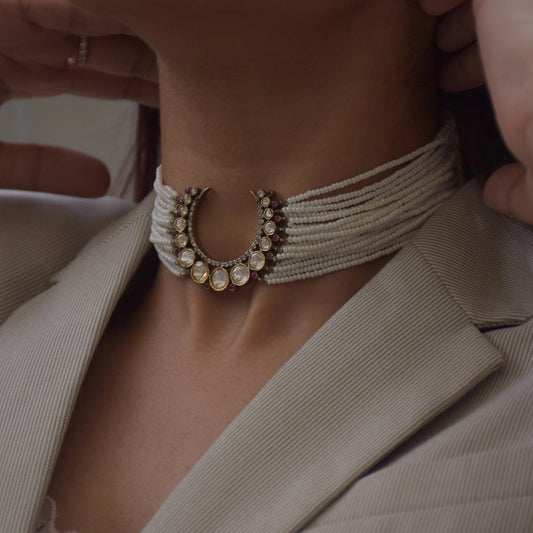 Chandramukhi Choker crafted in 925 silver with Victorian polish, featuring a Belur polki crescent moon design adorned with dazzling polki stones and delicate pink AD stones.