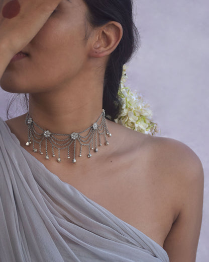 Shakuntala Necklace crafted in 92.5 sterling silver, featuring cascading chains that form a graceful layered choker design.