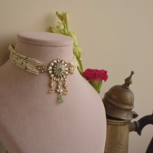 Nagma Choker handcrafted in 925 silver, featuring multiple delicate lines of pearls complemented by dangling pearls and natural green aventurine beads.