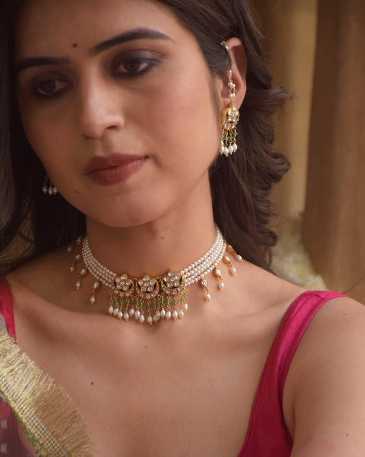 Roop Choker Necklace crafted in 925 silver featuring three classic chaand-phool motifs adorned with hanging rice pearls and green aventurine beads.