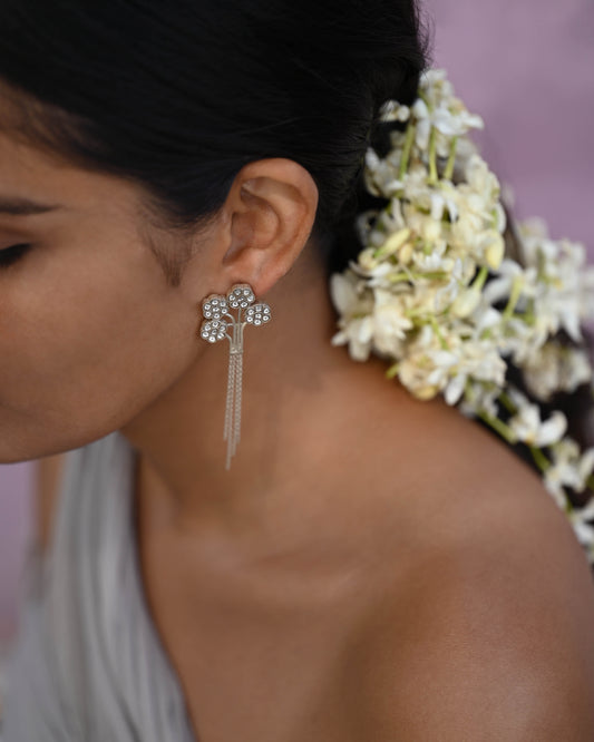 The Guldasta Earrings are Crafted in 92.5 Sterling Silver With White Jadau Stones And Delicate Chains.