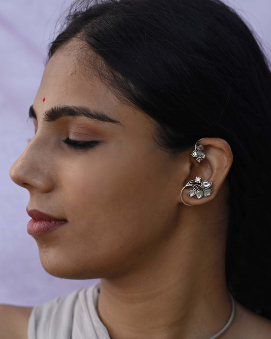 Nirvi Earcuff crafted in 92.5 sterling silver featuring delicate, intricate floral motifs that gracefully wrap around the ear.