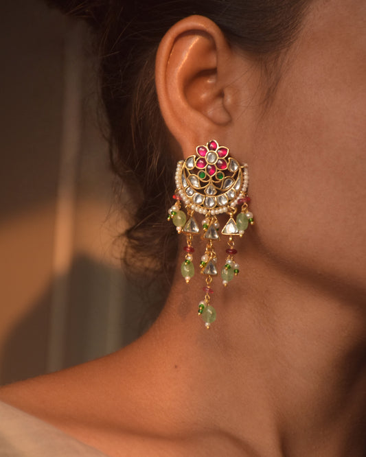 Rajlakshmi Earrings handcrafted in 92.5 sterling silver featuring intricate jadau stonework, delicate pearls, and aventurine beads.
