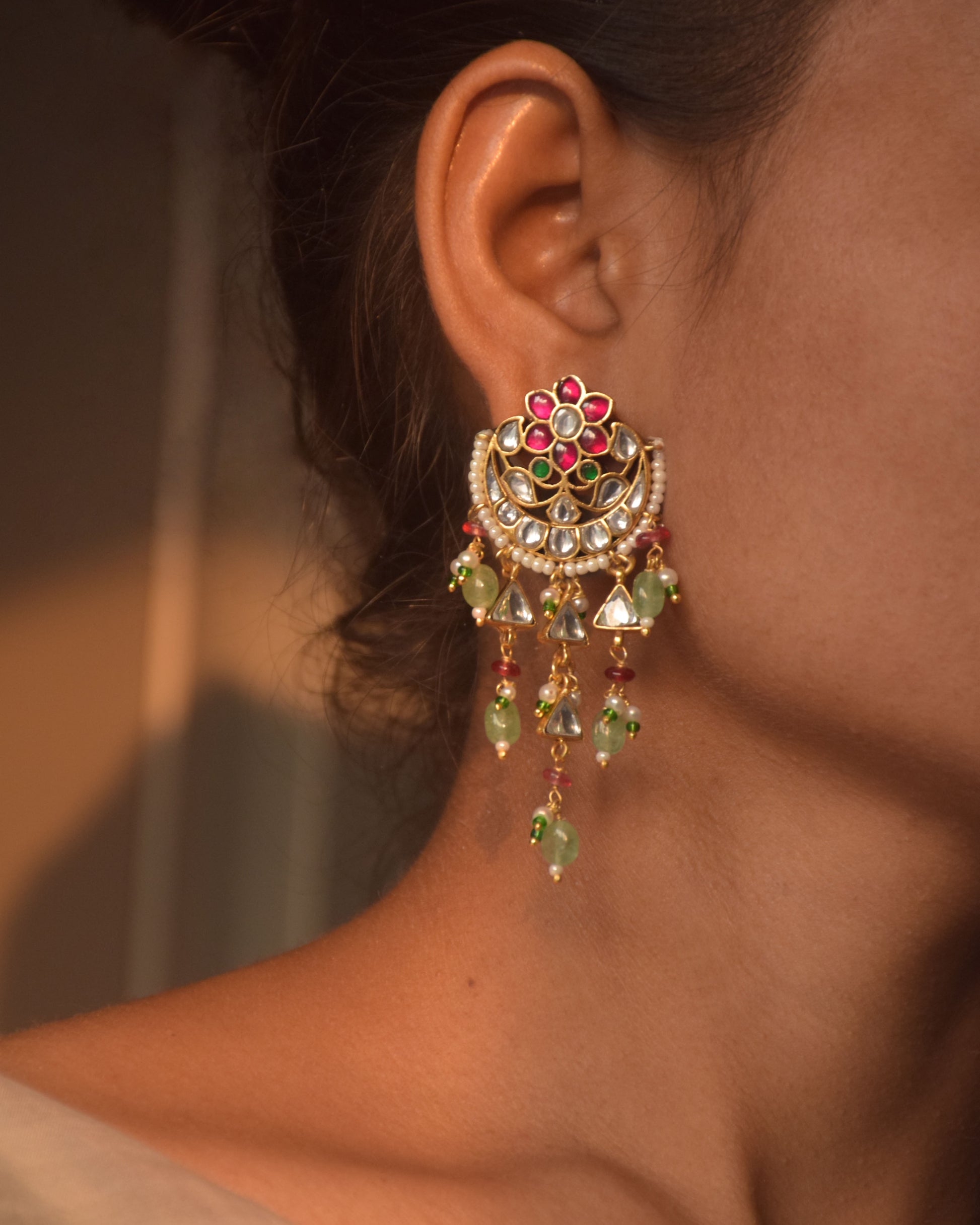 Rajlakshmi Earrings handcrafted in 92.5 sterling silver featuring intricate jadau stonework, delicate pearls, and aventurine beads.