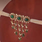 Gold-plated 925 sterling silver Polki drops choker with floral moissanite Polki units, pearl accents, and green aventurine bead dangles.