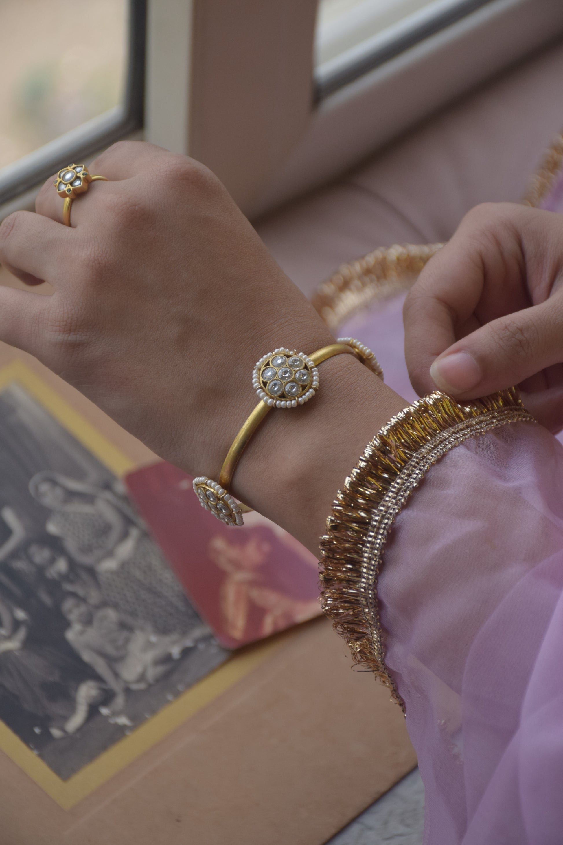 Handcrafted 925 silver bangle with Jadau stones and delicate seed pearls Explore silver jewellery for women
