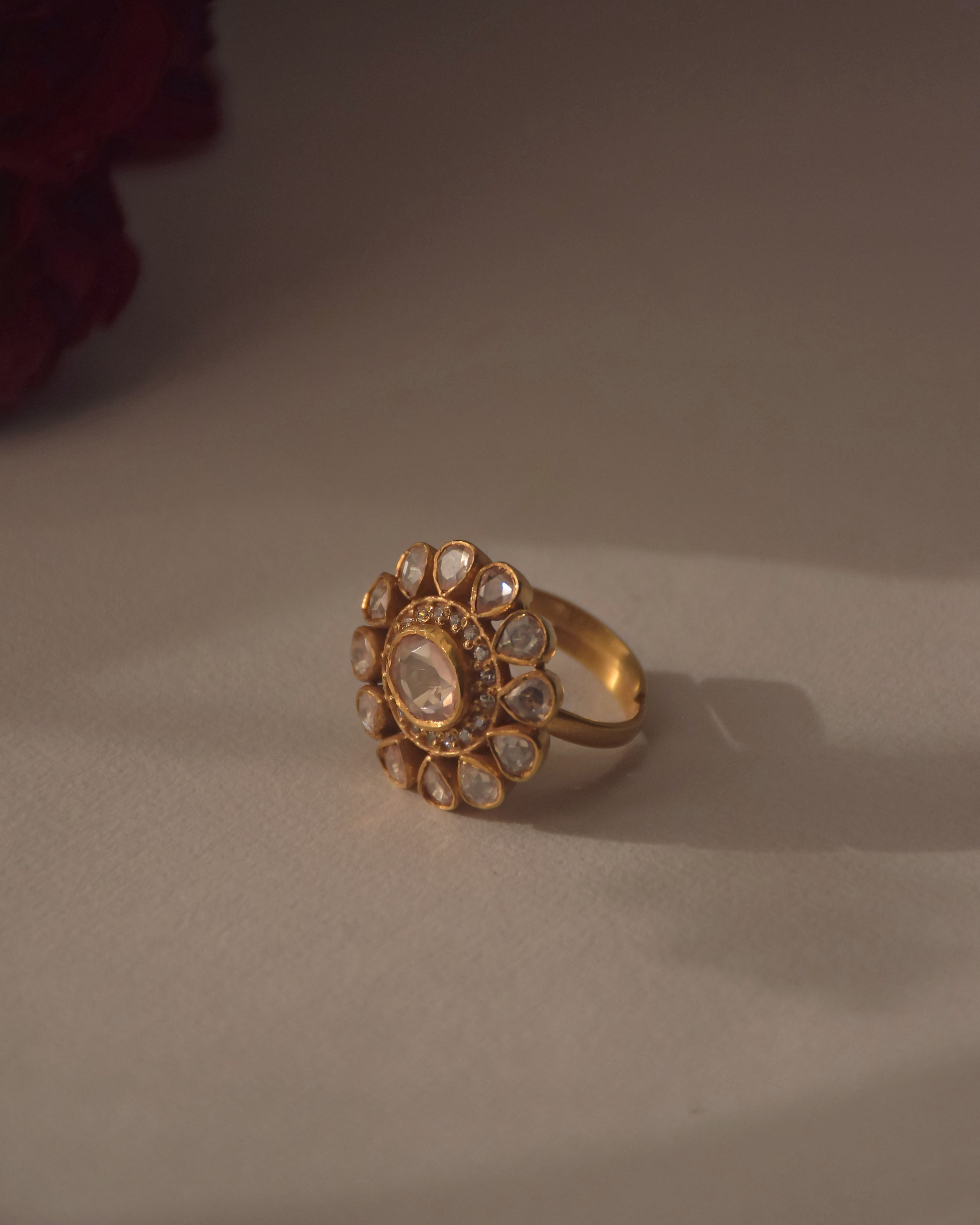 Exquisite Taarika silver polki ring showcasing a radiant cluster of uncut stones in a handcrafted floral statement design.