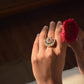 Chand Phool ring crafted in 925 sterling silver with 22K gold plating, featuring a timeless Chand motif adorned with exquisite jadau stones.