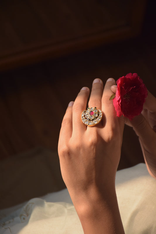 Chand Phool ring crafted in 925 sterling silver with 22K gold plating, featuring a timeless Chand motif adorned with exquisite jadau stones.