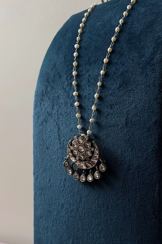 Chand Phool pendant handcrafted in 925 sterling silver with white Jadau stones