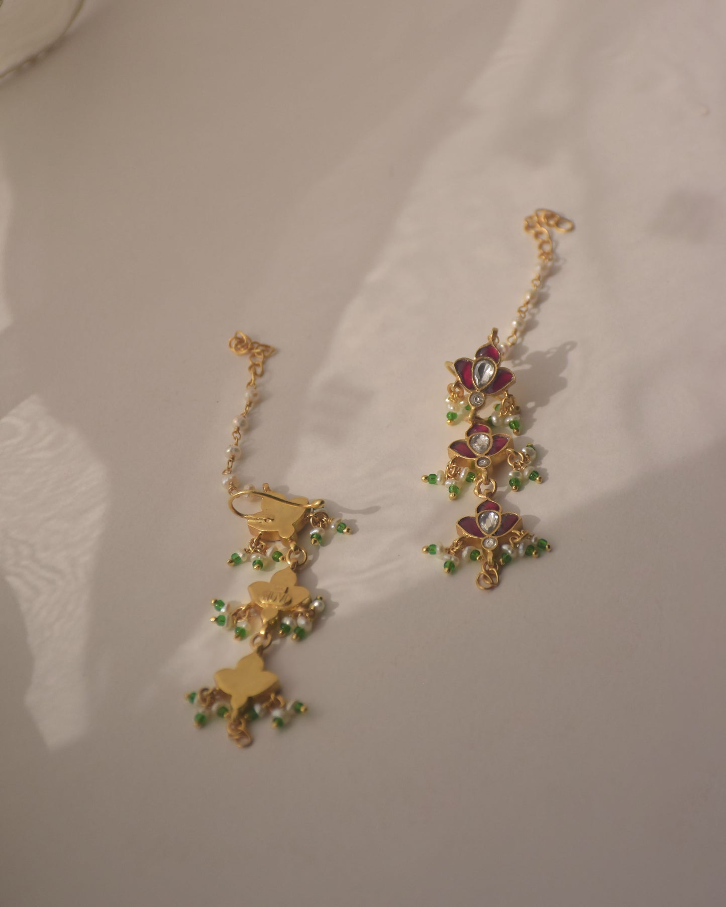Elegant pink enamel ear chain in 925 silver inspired by timeless Indian jewelry traditions | NUVI JEWELS