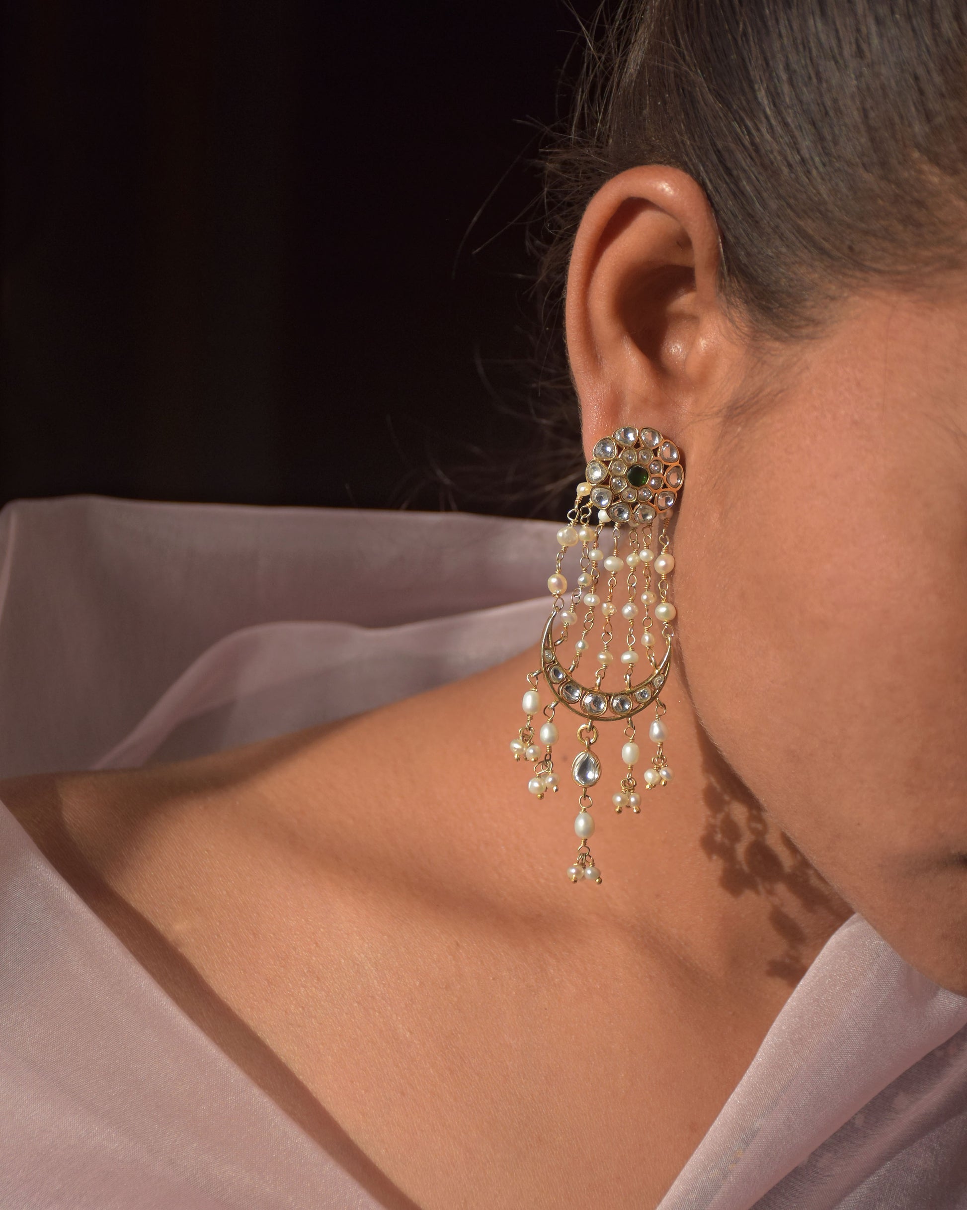 Nuvi Jewels heritage inspired Pasa earrings featuring handcrafted silver gold plated design with pearls