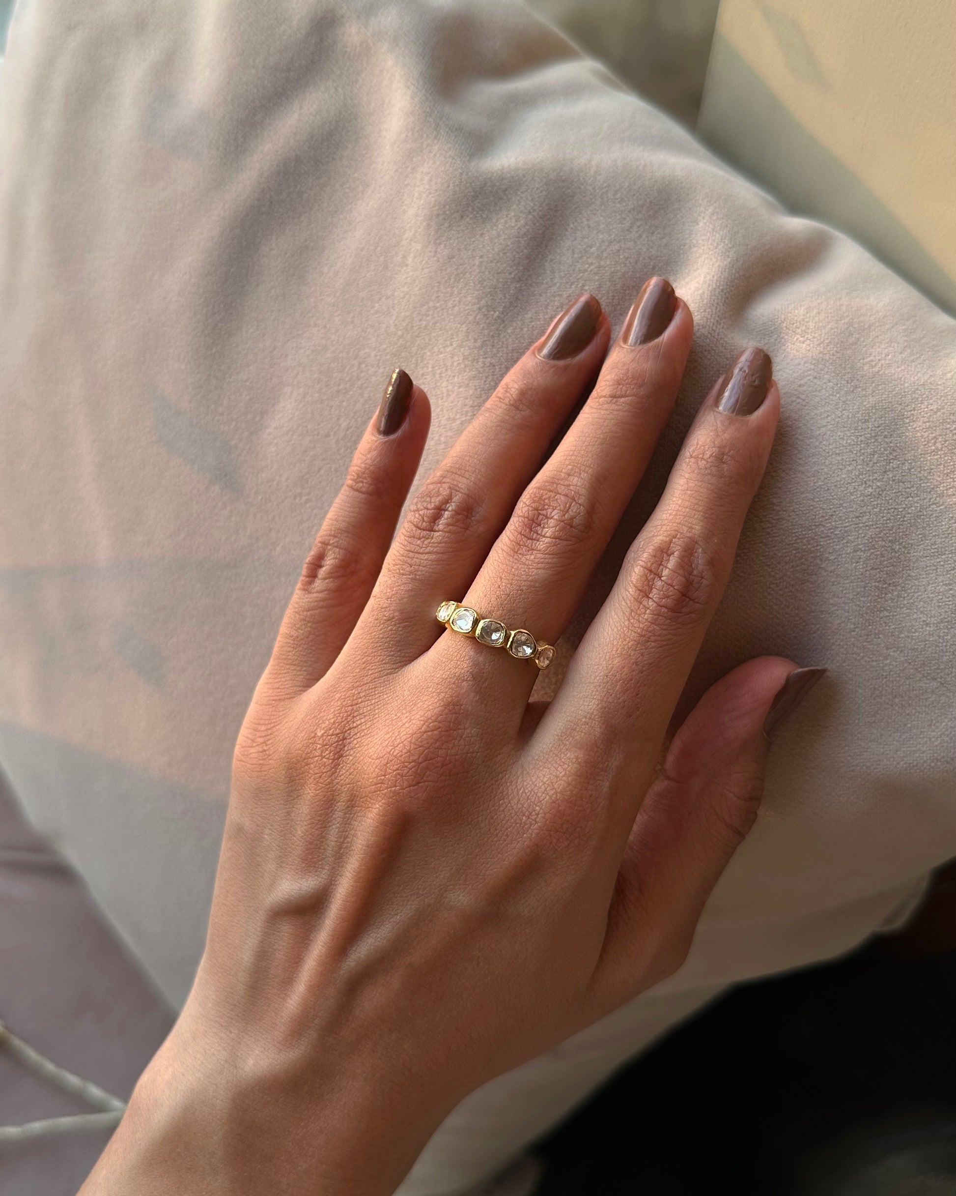 Designer polki ring crafted by Nuvi Jewels using moissanite stones and 925 silver