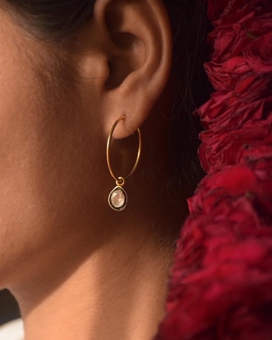 Aarohi Polki hoops in 925 sterling silver with black enamel detailing and gold polish finish jewelry.