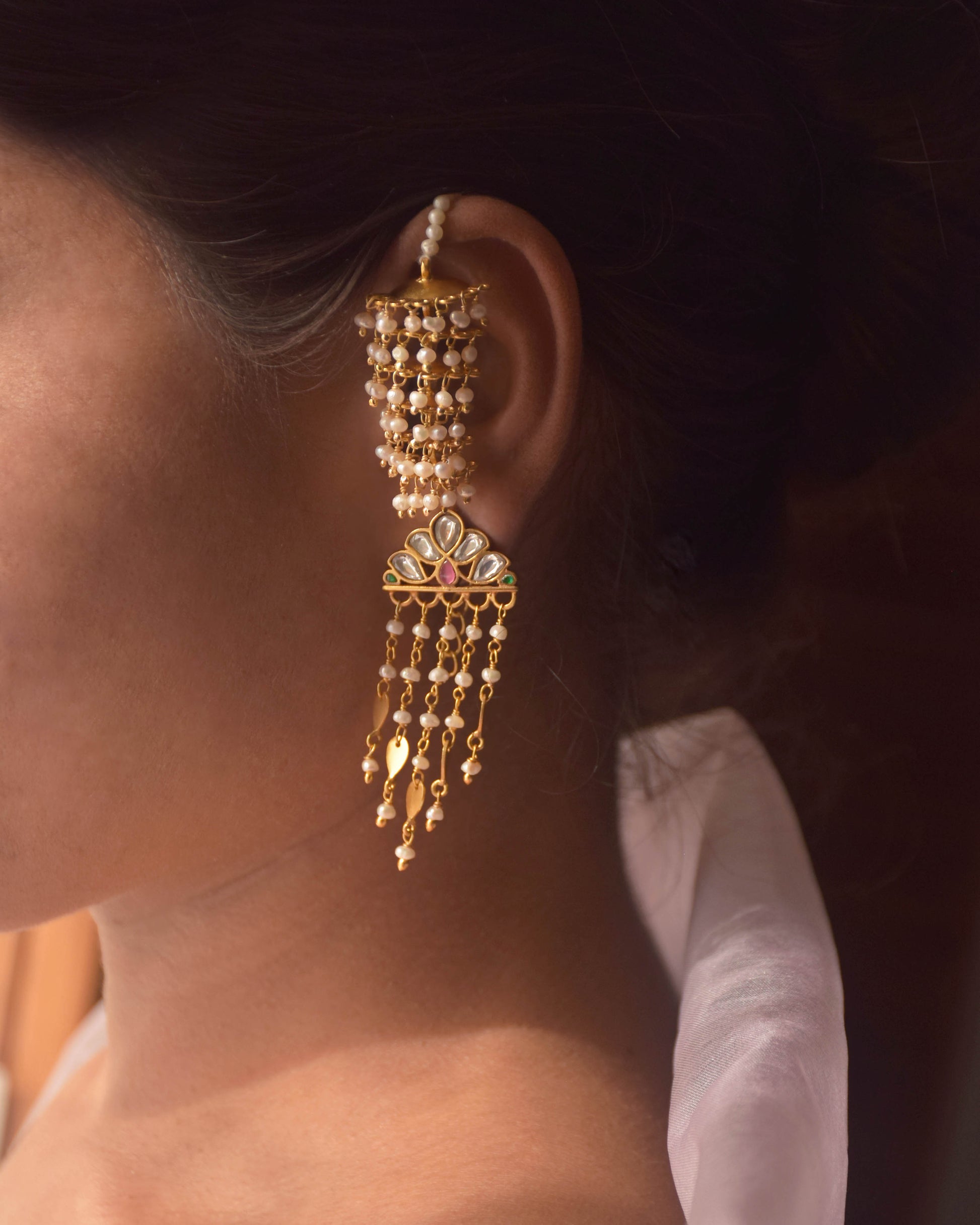 Gold-finish 925 sterling silver kaanchain with delicate jhumki detailing, handcrafted by NUVI JEWELS