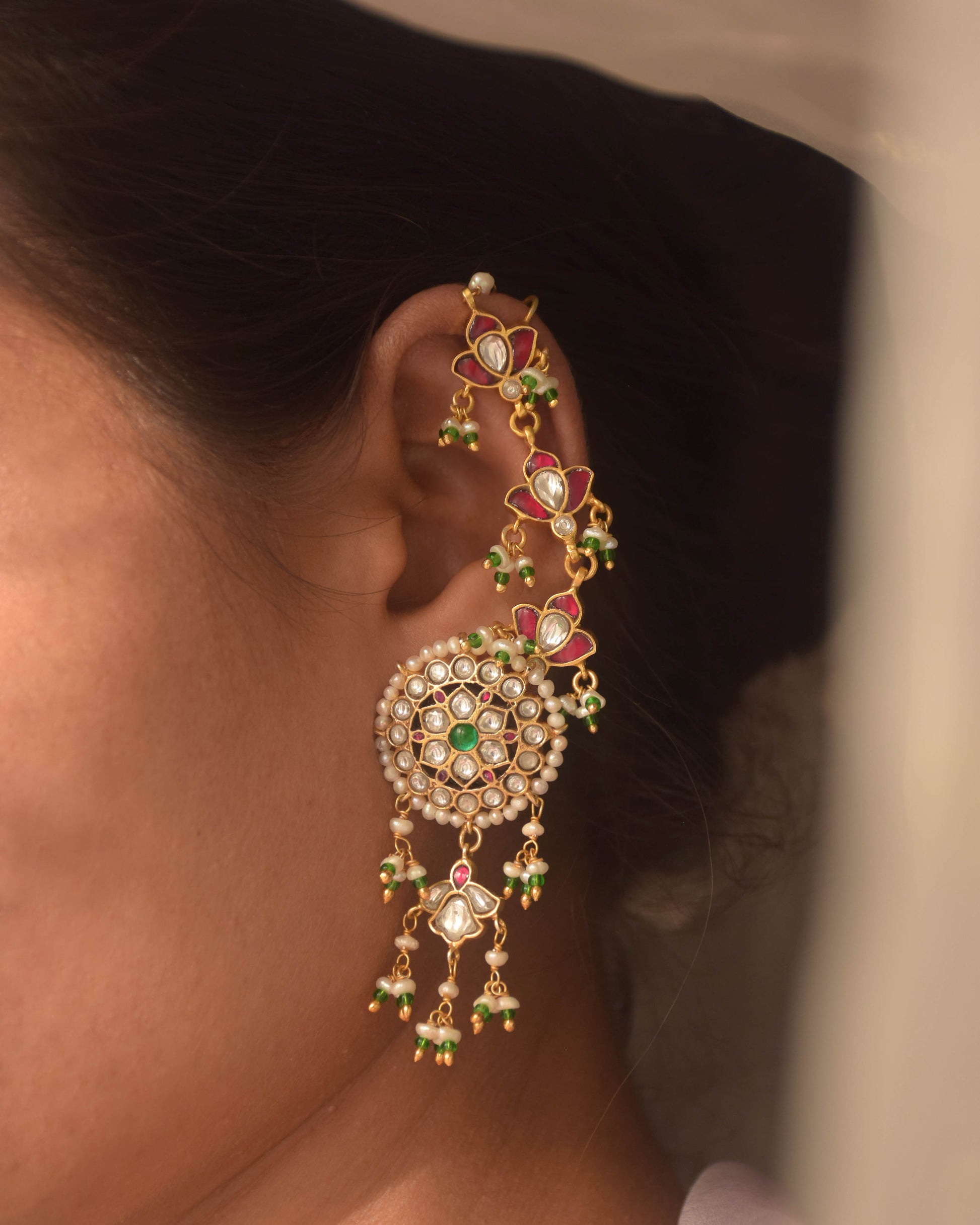 Handcrafted 925 silver Gulabi Kaanchain featuring delicate pink meena work and elegant jhumki drops | NUVI JEWELS