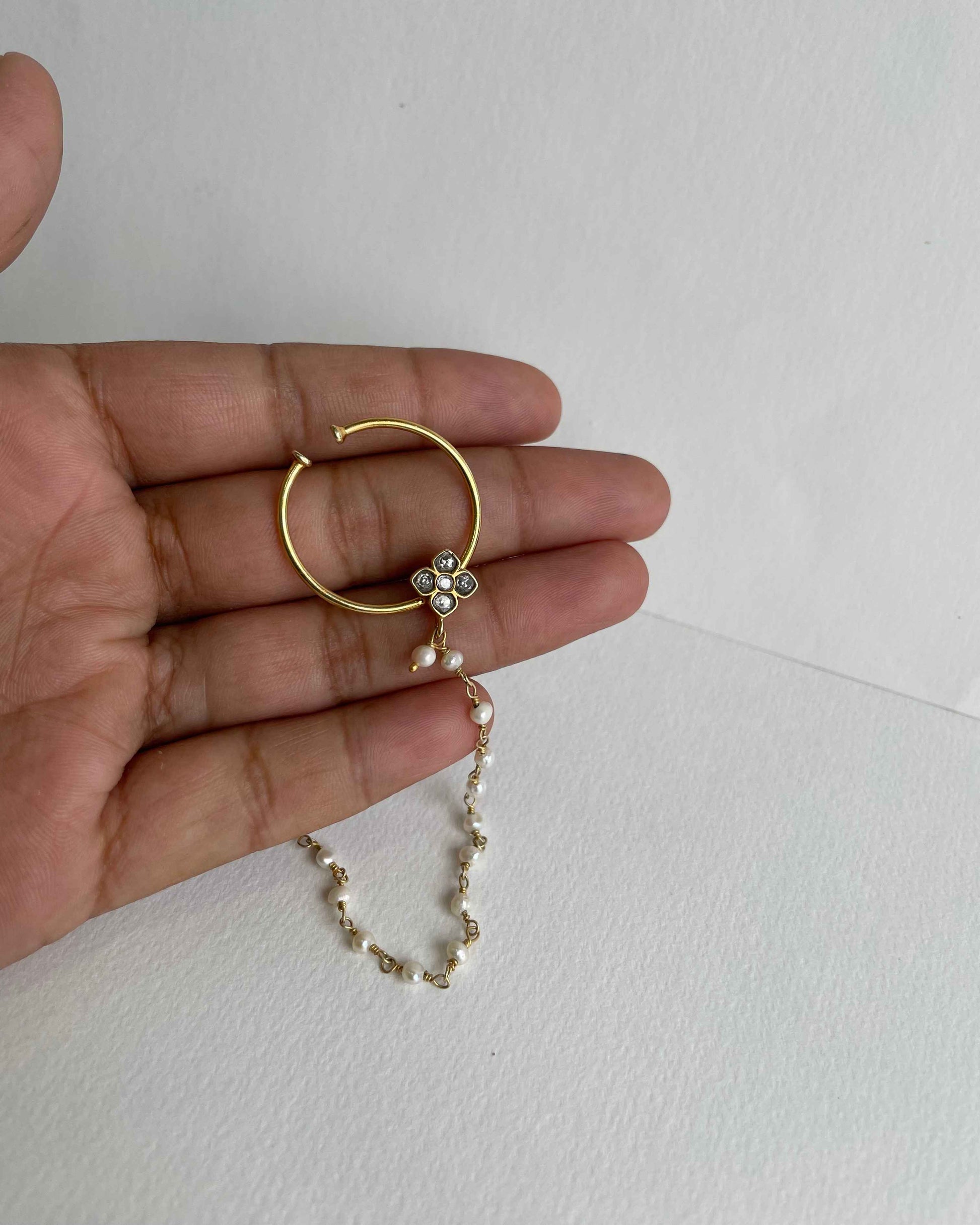 Nuvi Jewels 925 sterling silver gold plated jadau mangtikka with freshwater pearl detailing