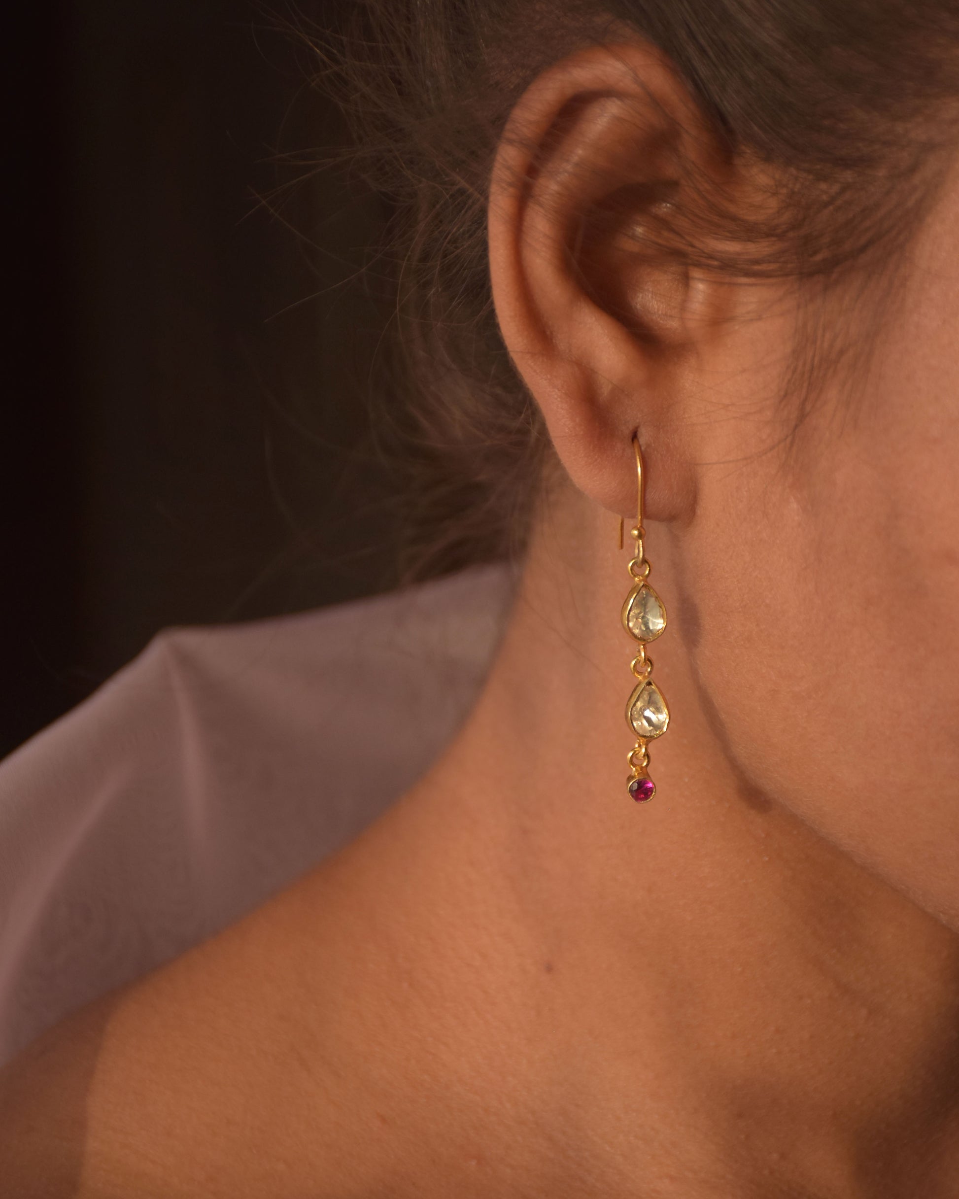 Nuvi Jewels handcrafted 925 sterling silver gold plated 2-layer fishhoop earrings with polki stones