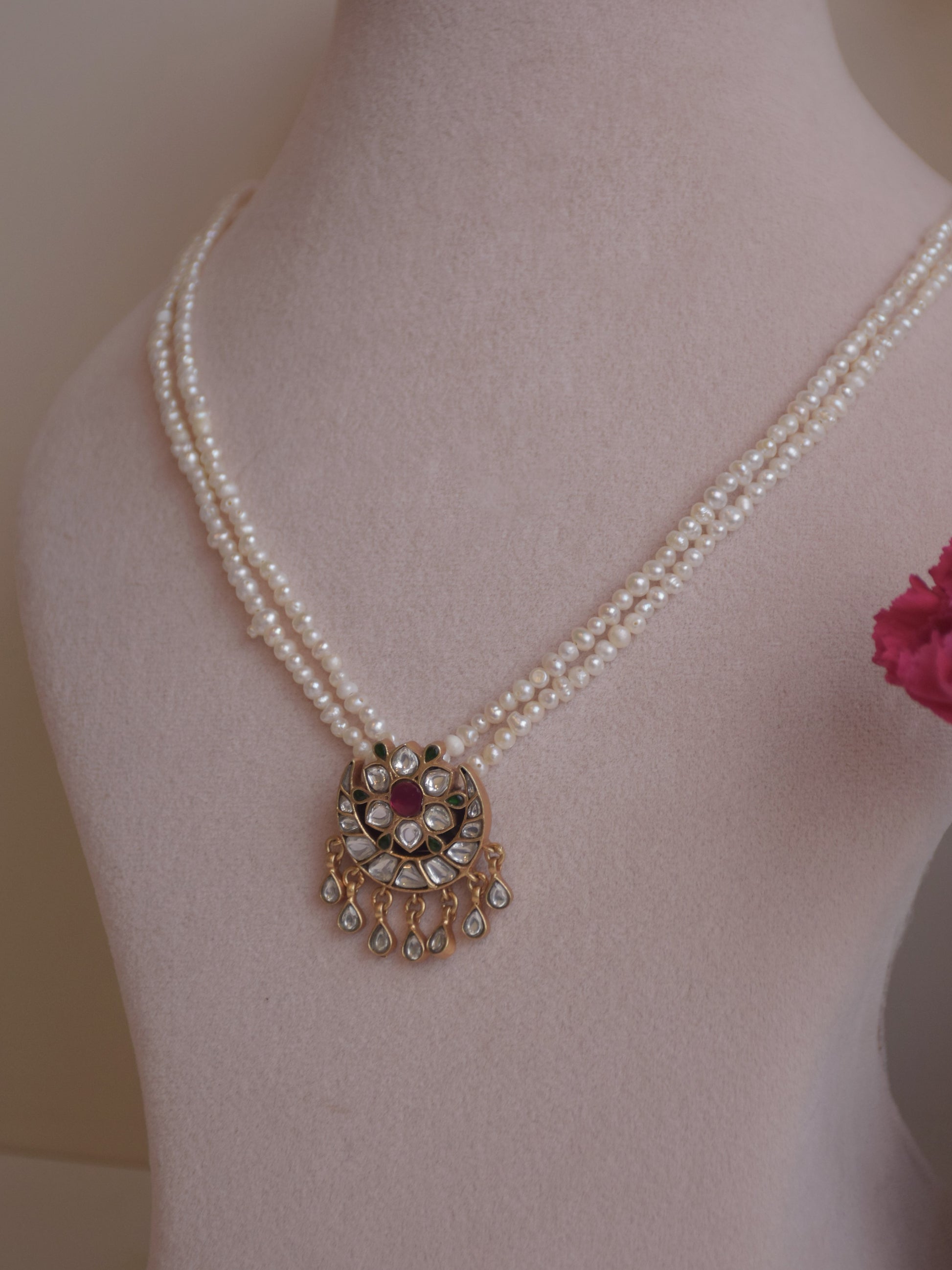 Chand Phool Jadau pendant handcrafted in 925 silver with gold polish, featuring a heritage-inspired crescent design strung on freshwater pearl strings