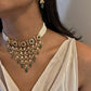 Gold-plated 925 sterling silver statement Polki choker with floral moissanite Polki units, pearl and Belur Polki accents, and green aventurine bead drops.