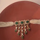 Gold-plated 925 sterling silver Polki drops choker with floral moissanite Polki units, pearl accents, and green aventurine bead dangles