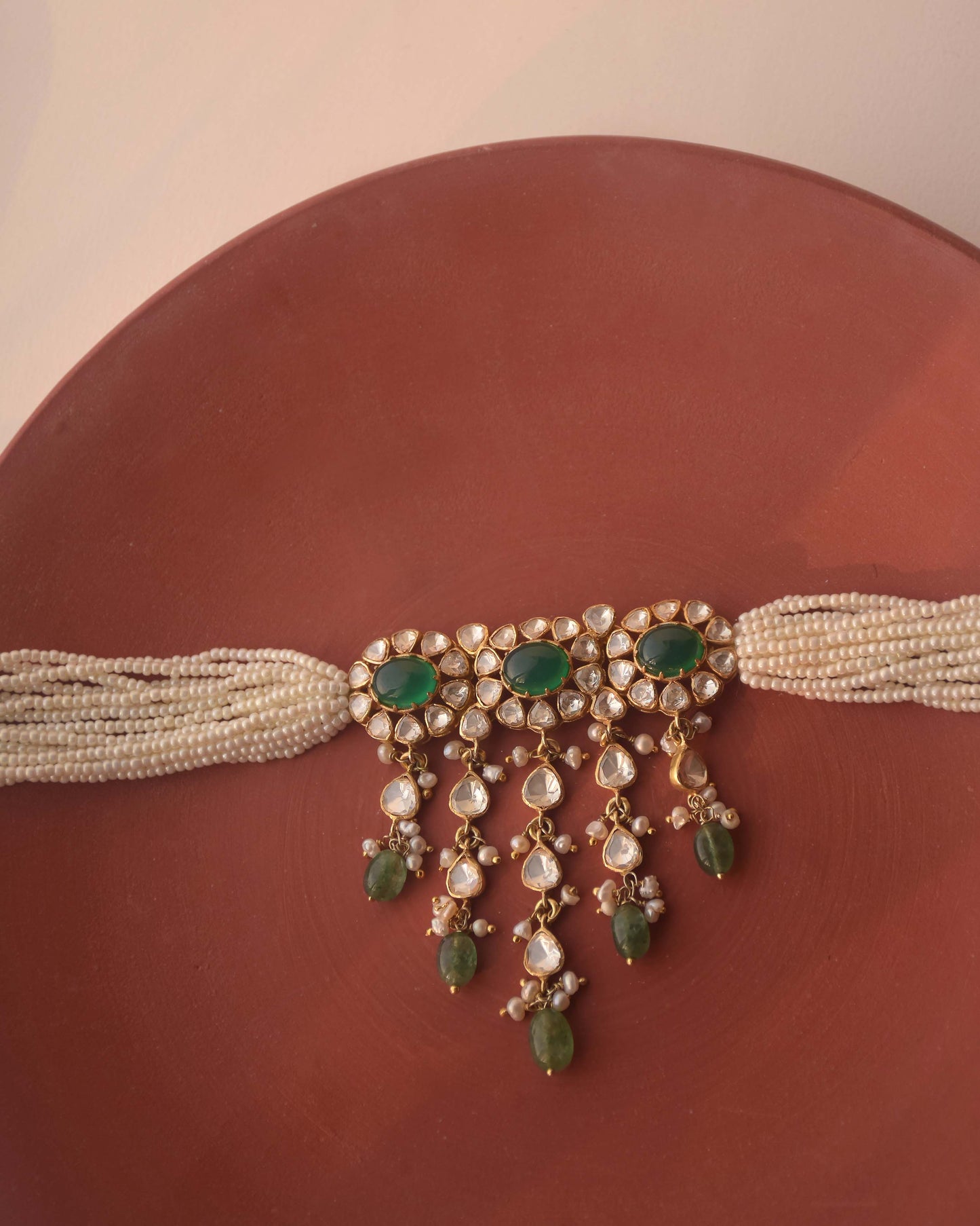 Gold-plated 925 sterling silver Polki drops choker with floral moissanite Polki units, pearl accents, and green aventurine bead dangles