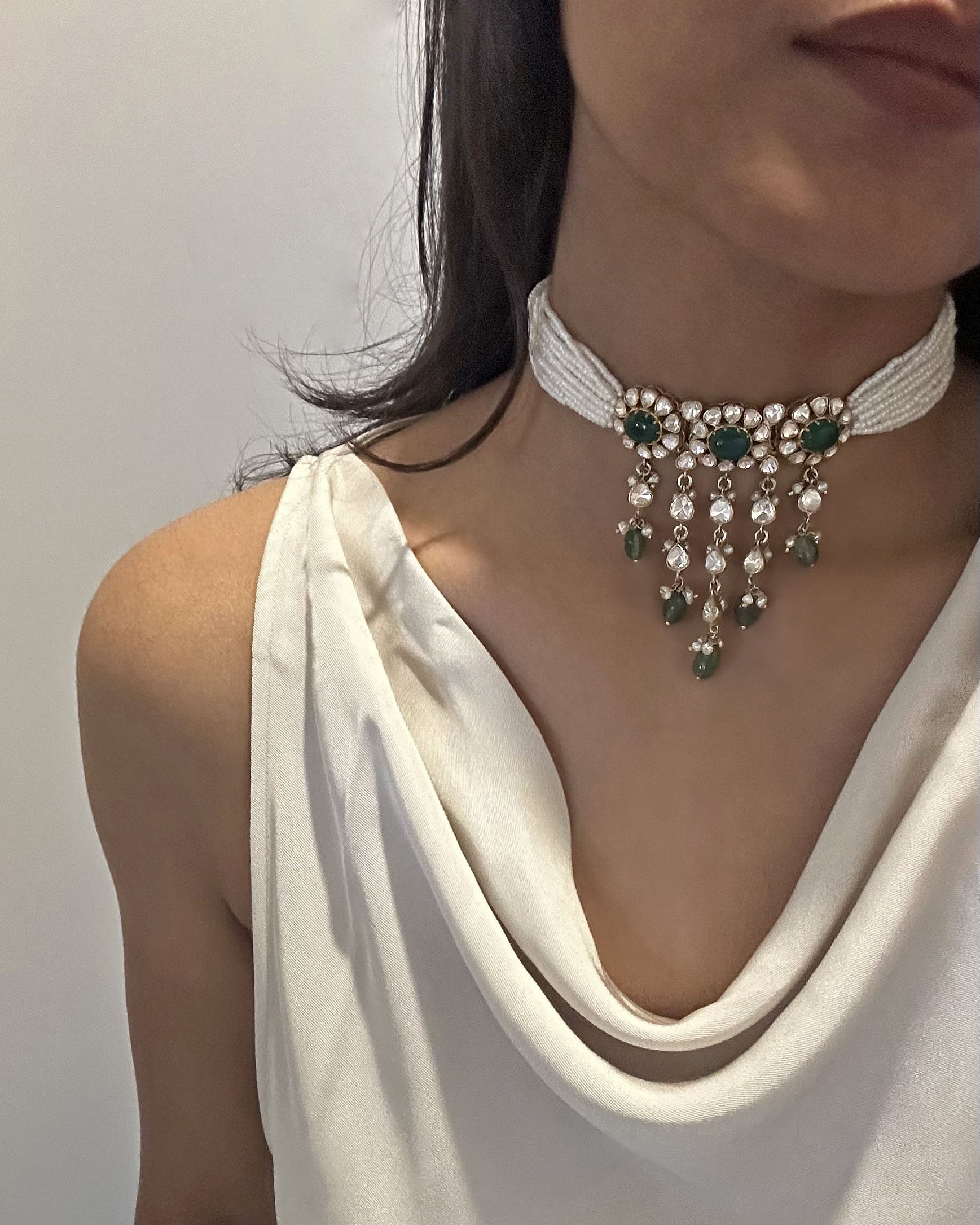 Traditional Nuvi Jewels polki drops choker with moissanite polki, pearls and green aventurine in 925 sterling silver