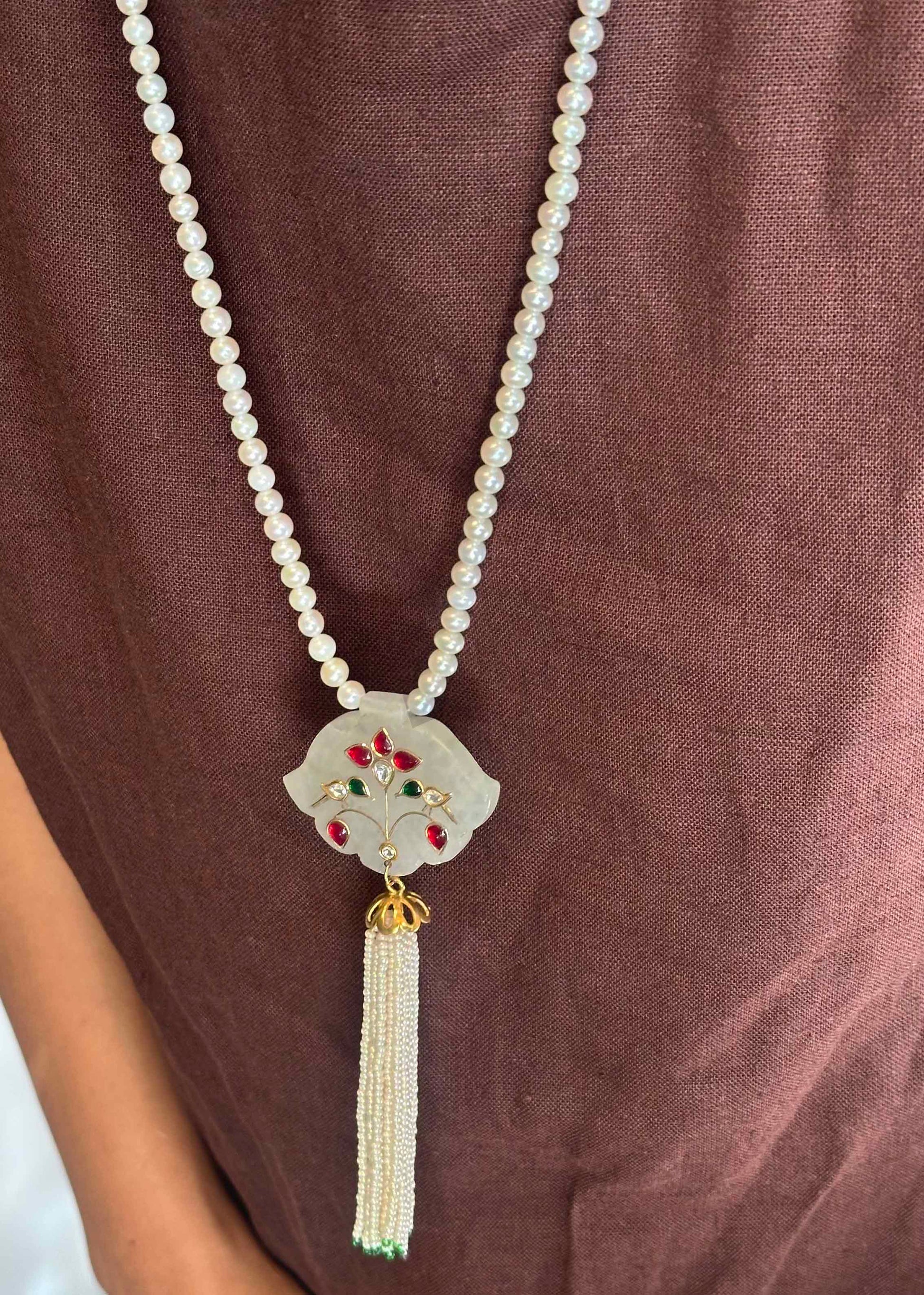 Statement pearl tassel necklace with white quartz pendant, handcrafted in sterling silver by NUVI JEWELS