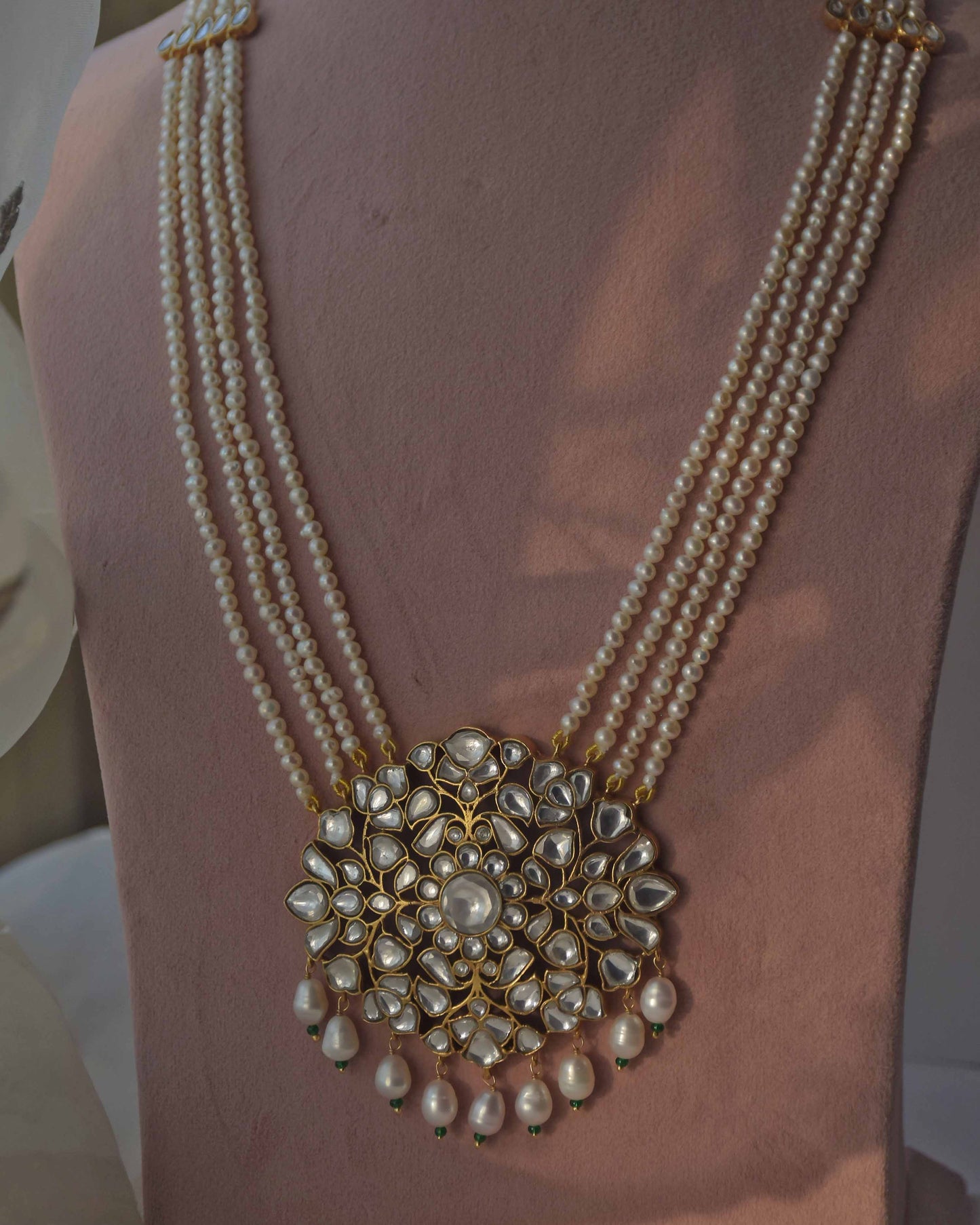 Handcrafted Nuvi Jewels Gulnaar necklace in 92.5 silver with gold plating, intricate jadau pendant and pearl layers