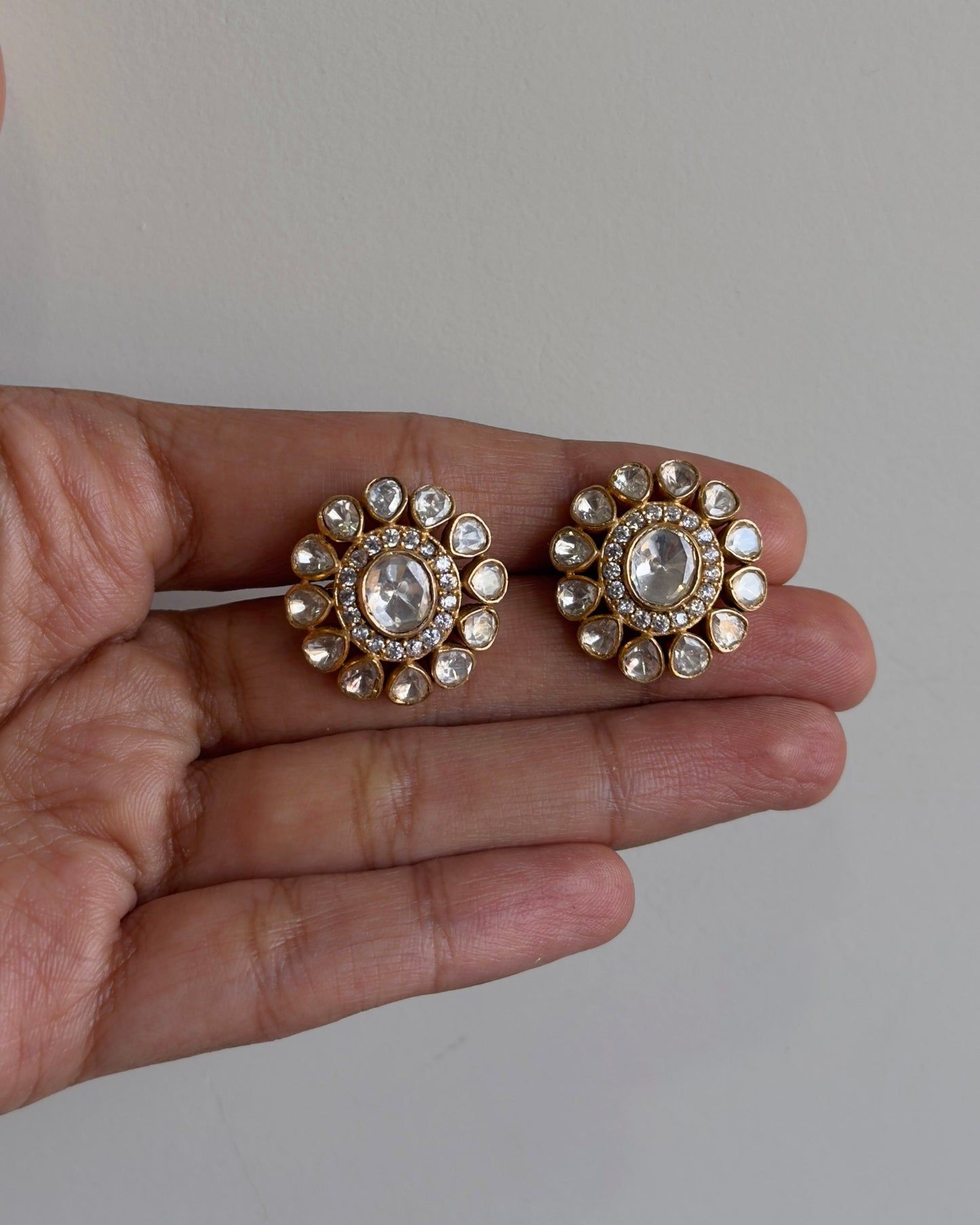 Handcrafted 925 silver Gulrukh ear studs featuring traditional polki stonework and gold polish | NUVI JEWELS