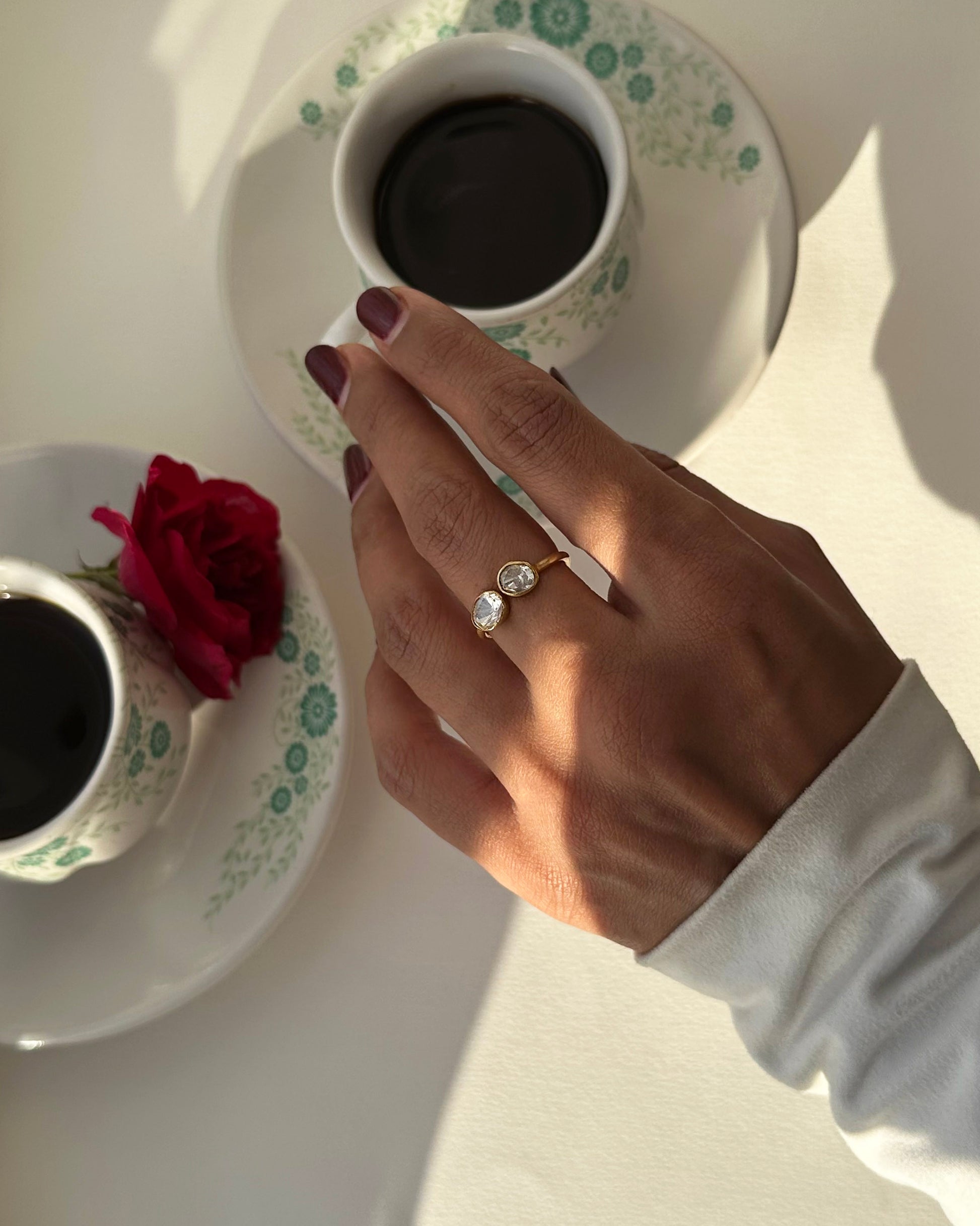 Nuvi Jewels 925 sterling silver gold plated ring with handcrafted moissanite polki detailing