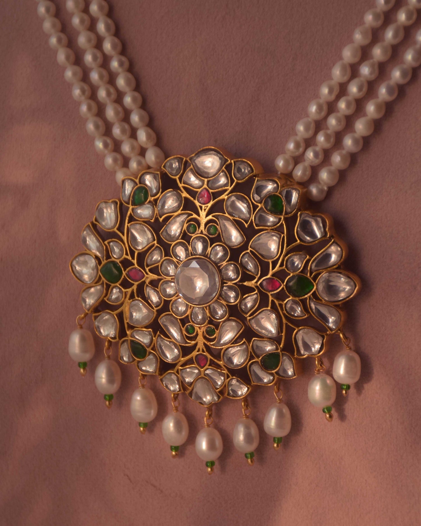 Regal Nuvi Jewels long necklace with jadau stone pendant and three strands of freshwater pearls