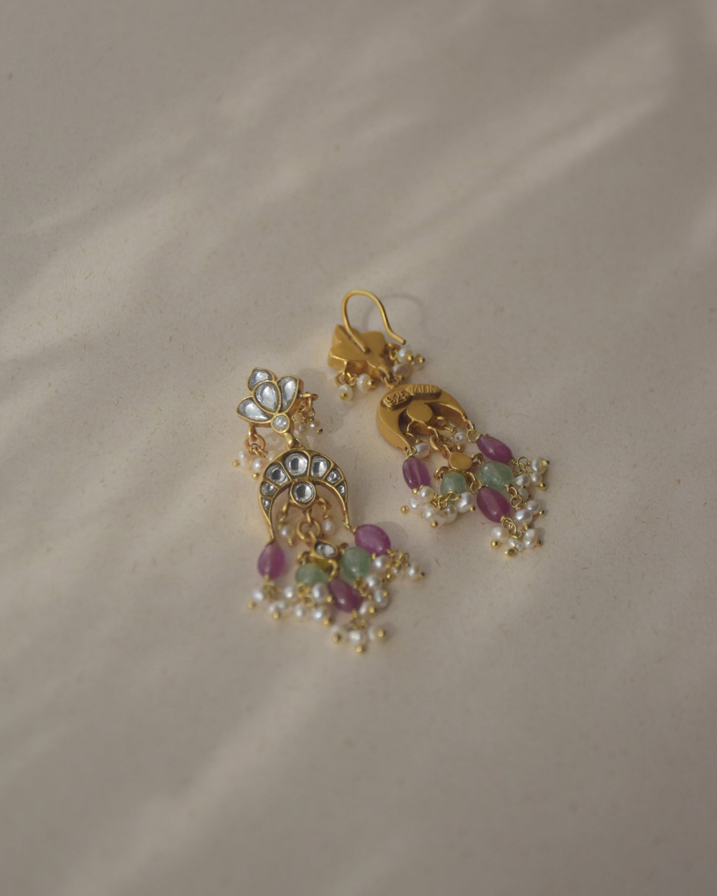 Elegant Chand Fishhoop earrings by Nuvi Jewels in sterling silver with freshwater pearls and multicolor bead accents