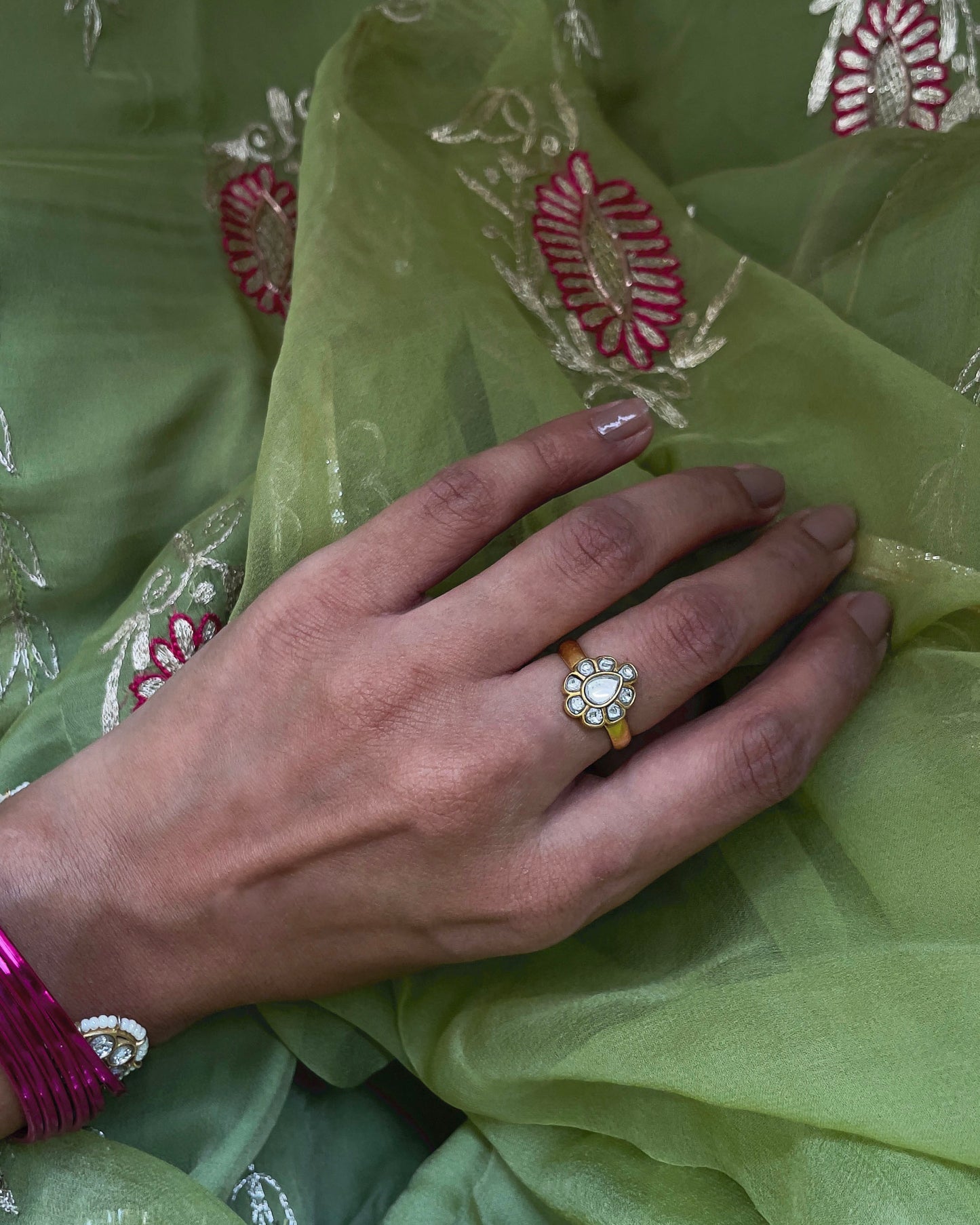 Elegant Nuvi Jewels Kundan Jadau ring in sterling silver gold plated with intricate jadau and kundan stone work